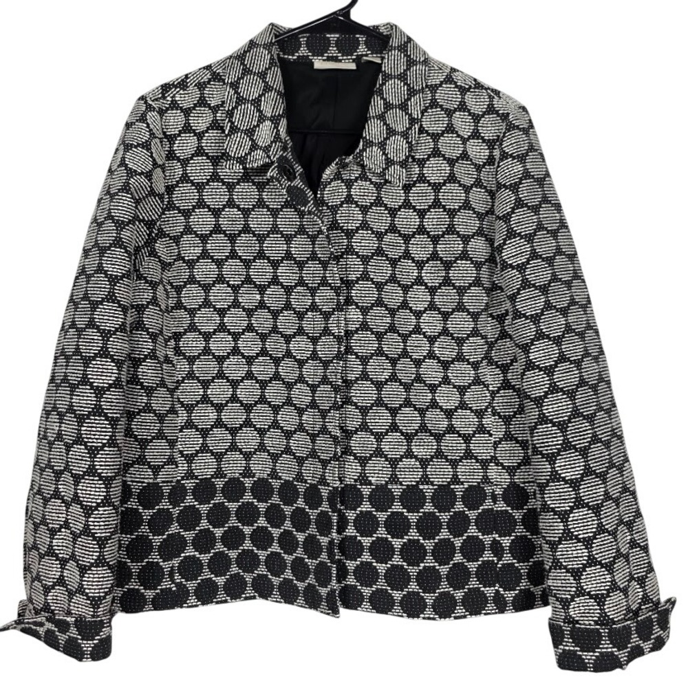 Chico's Tweed Jacket Womens L Black White Geometric Dot Button Front Blazer
